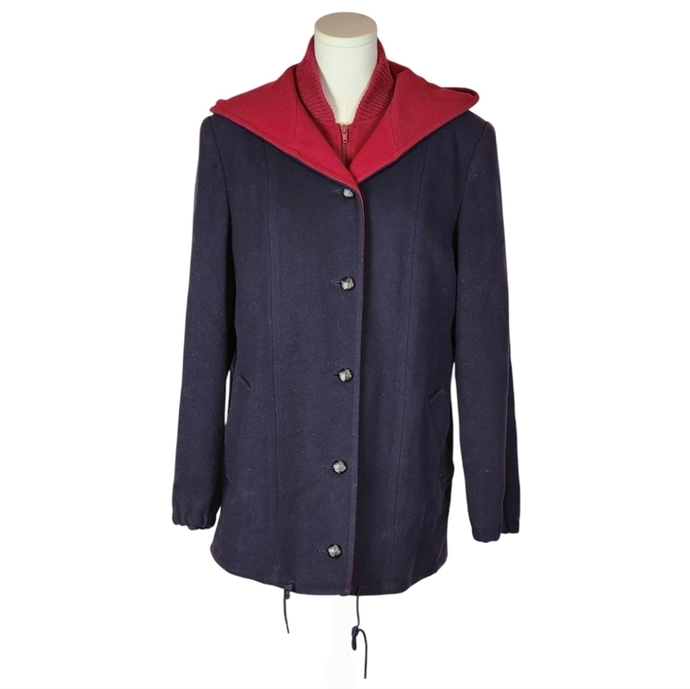 Vintage Mackintosh Wool Coat Hooded Navy Red Vest Made in USA Size 8